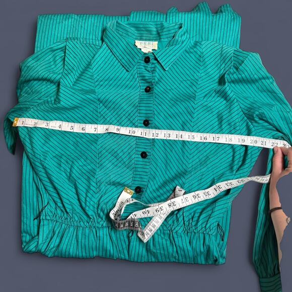 Vintage 80s whimsical teal and black striped long sleeve maxi dress womens large - Picture 5 of 8